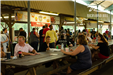 group of people sitting at a picnic table